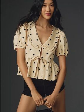 Anthropologie Porridge Polka Dot Gwen Puff Sleeve Peplum Top Dainty Babydoll XS